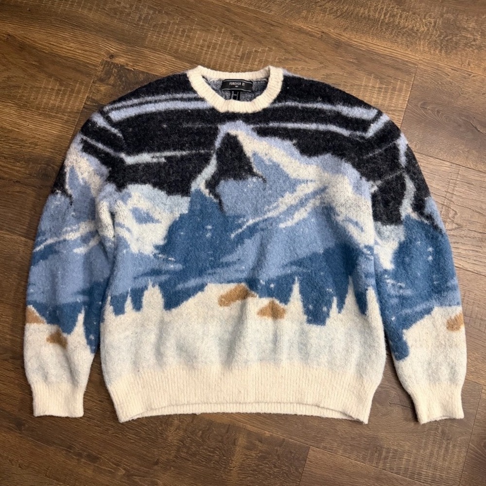 Forever 21 Men S Fuzzy Mountain Landscape Knit Sweater Abstract Gorpcore Retro